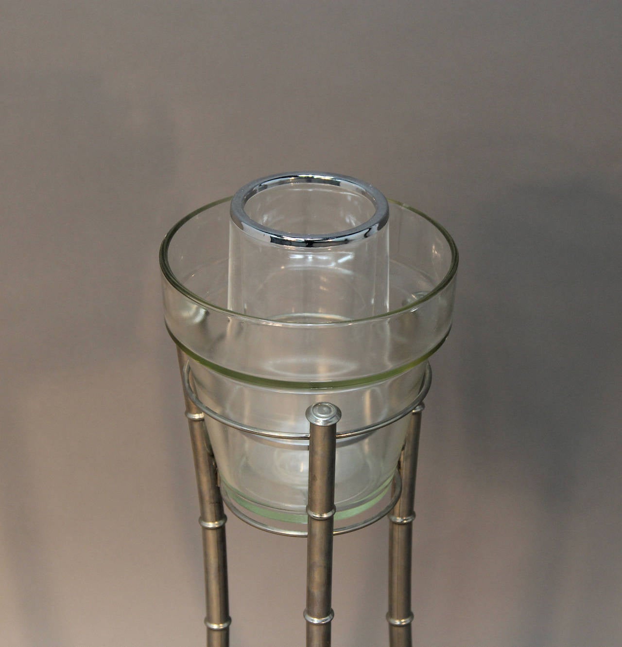 American Chrome Faux Bamboo, Lucite and Glass Ice Bucket on Stand For Sale