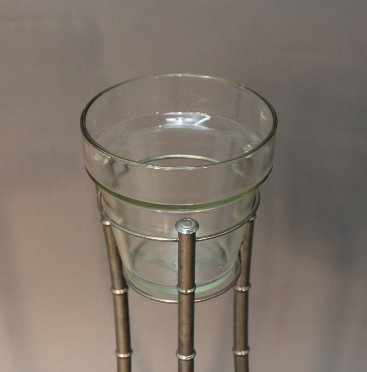 Chrome Faux Bamboo, Lucite and Glass Ice Bucket on Stand In Good Condition For Sale In Bridport, CT