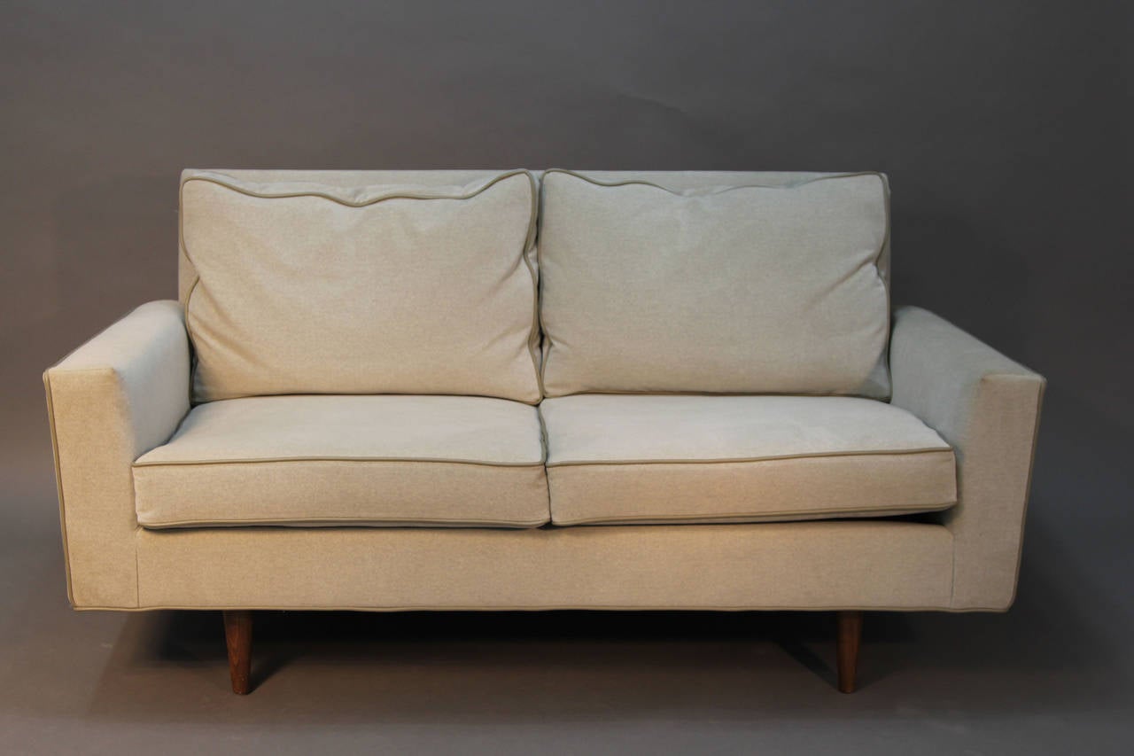 Mid-20th Century Mid-Century Modern Velvet Loveseat with Leather Piping For Sale
