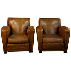 Pair of 1940s Original French Leather Club Chairs