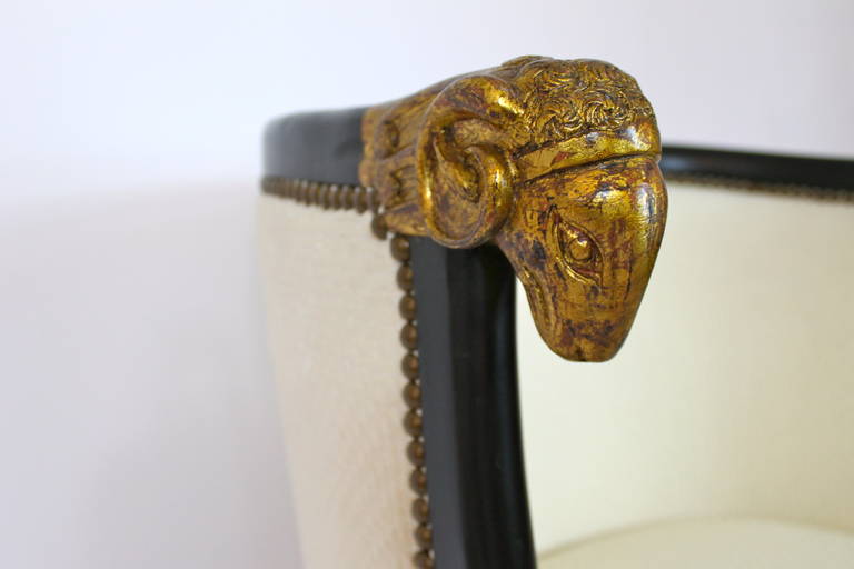 Wood Pair of Carved Ram's Head Chairs with Gilt Detail