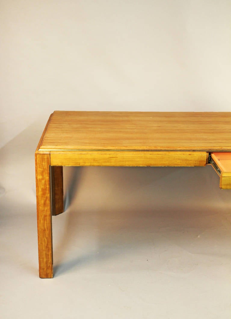 Mid-Century Modern Mid-Century Parsons Style Desk with Brass Accents and Tiger Wood Grain