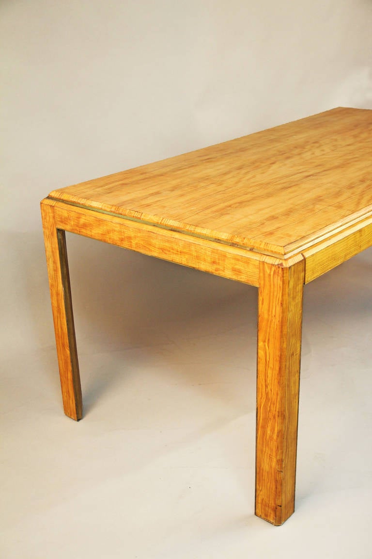 Mid-Century Parsons Style Desk with Brass Accents and Tiger Wood Grain 1