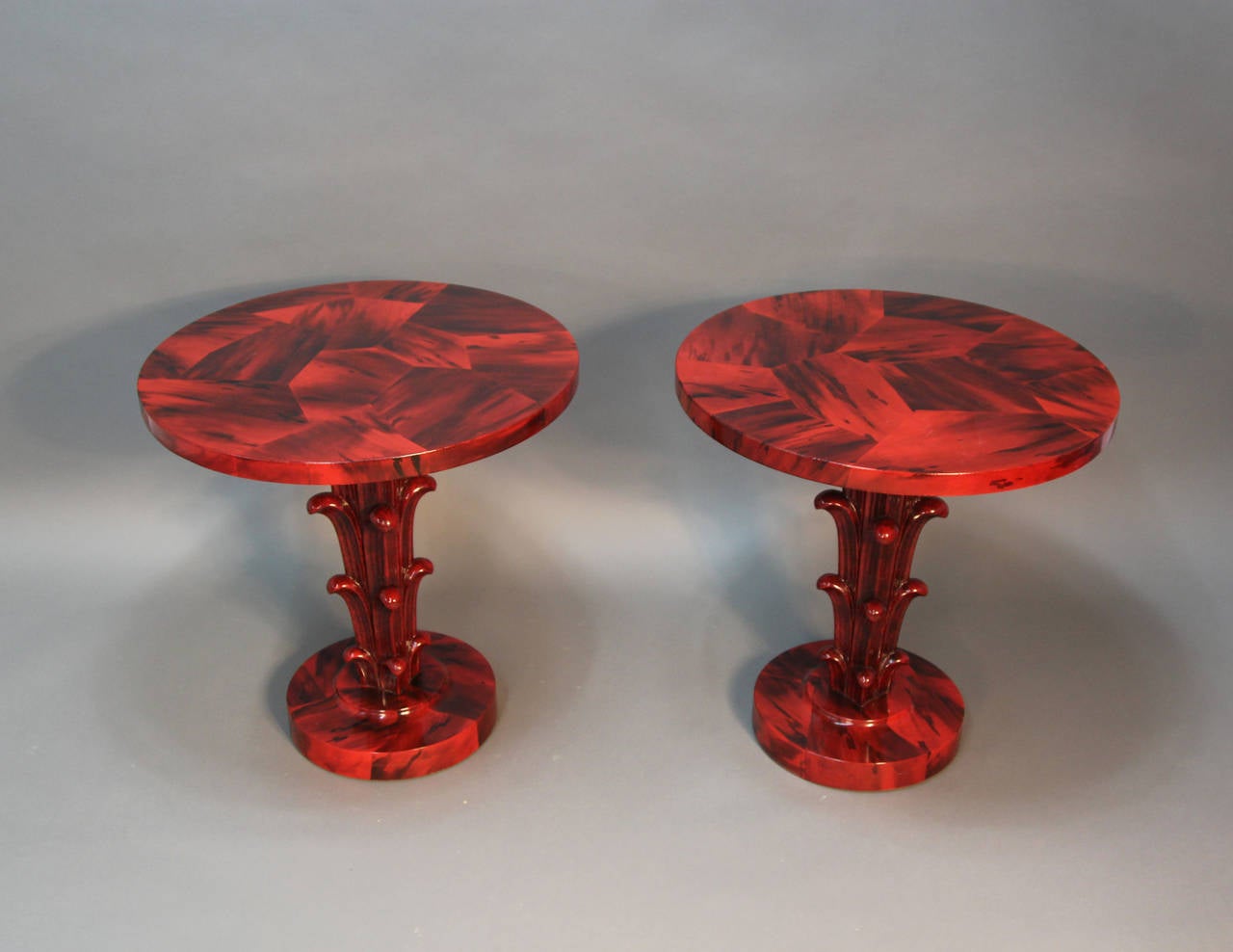 Faux red tortoiseshell lacquer tables.  Very unusual and elegant design.