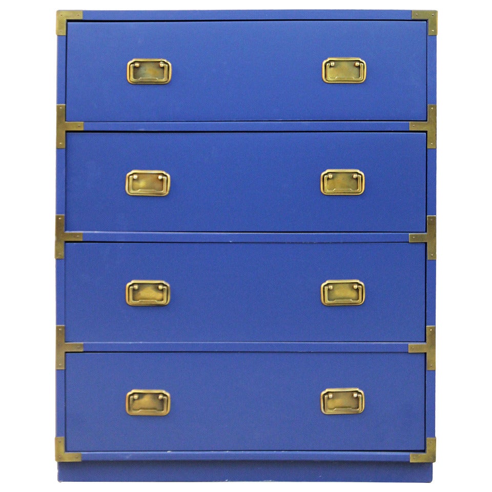 Newly Lacquered Navy Campaign Chest with Bronze Hardware Dresser