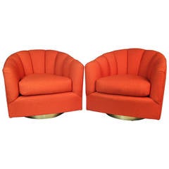 Pair of Orange Channeled Swivel Club Chairs with Brass Bases