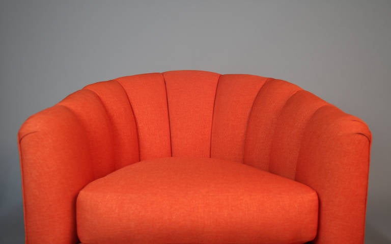 Pair of Orange Channeled Swivel Club Chairs with Brass Bases In Excellent Condition In Bridport, CT