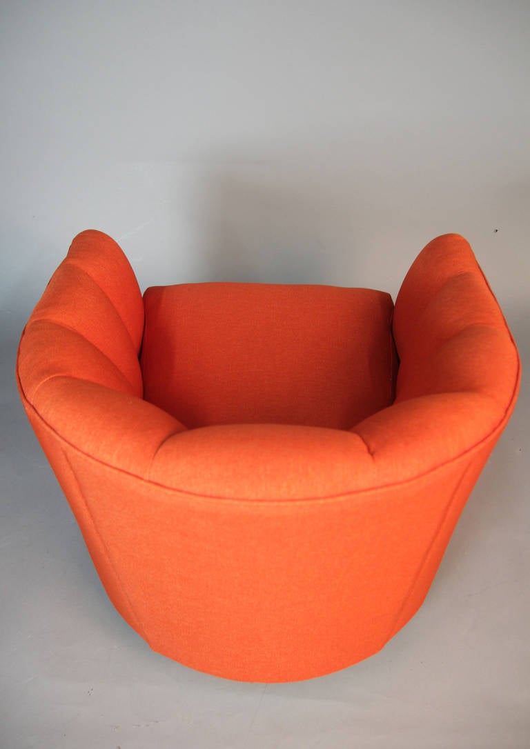 Wood Pair of Orange Channeled Swivel Club Chairs with Brass Bases