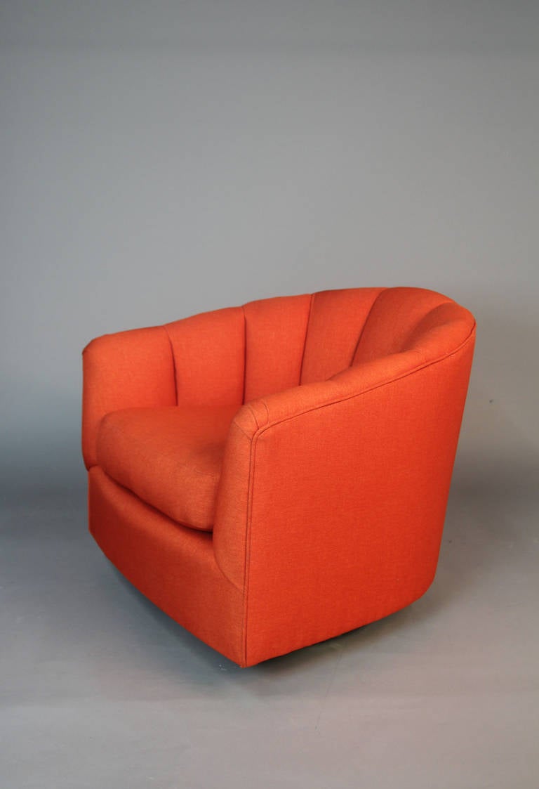 Mid-Century Modern Pair of Orange Channeled Swivel Club Chairs with Brass Bases
