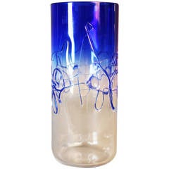 Barbini Cylindrical Cobalt Blue Threaded Murano Glass Vase