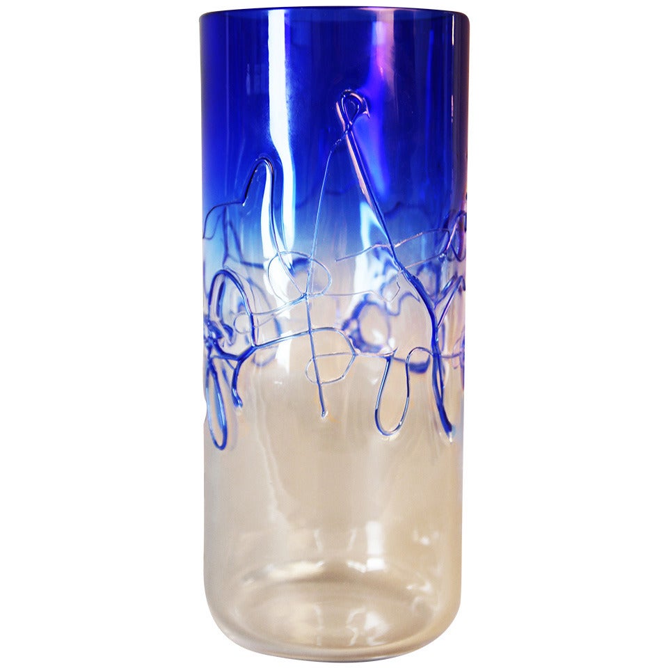 Barbini Cylindrical Cobalt Blue Threaded Murano Glass Vase For Sale