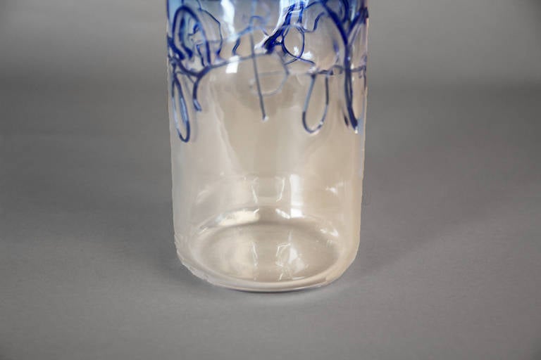 Late 20th Century Barbini Cylindrical Cobalt Blue Threaded Murano Glass Vase For Sale