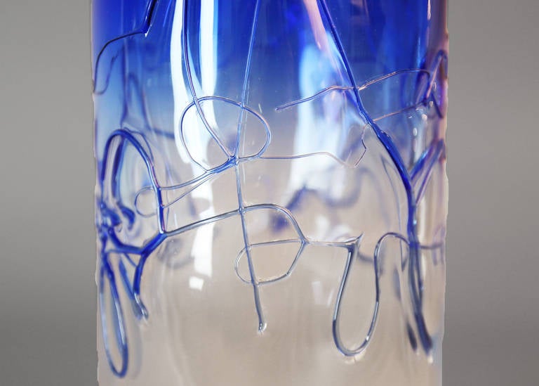 Italian Barbini Cylindrical Cobalt Blue Threaded Murano Glass Vase For Sale