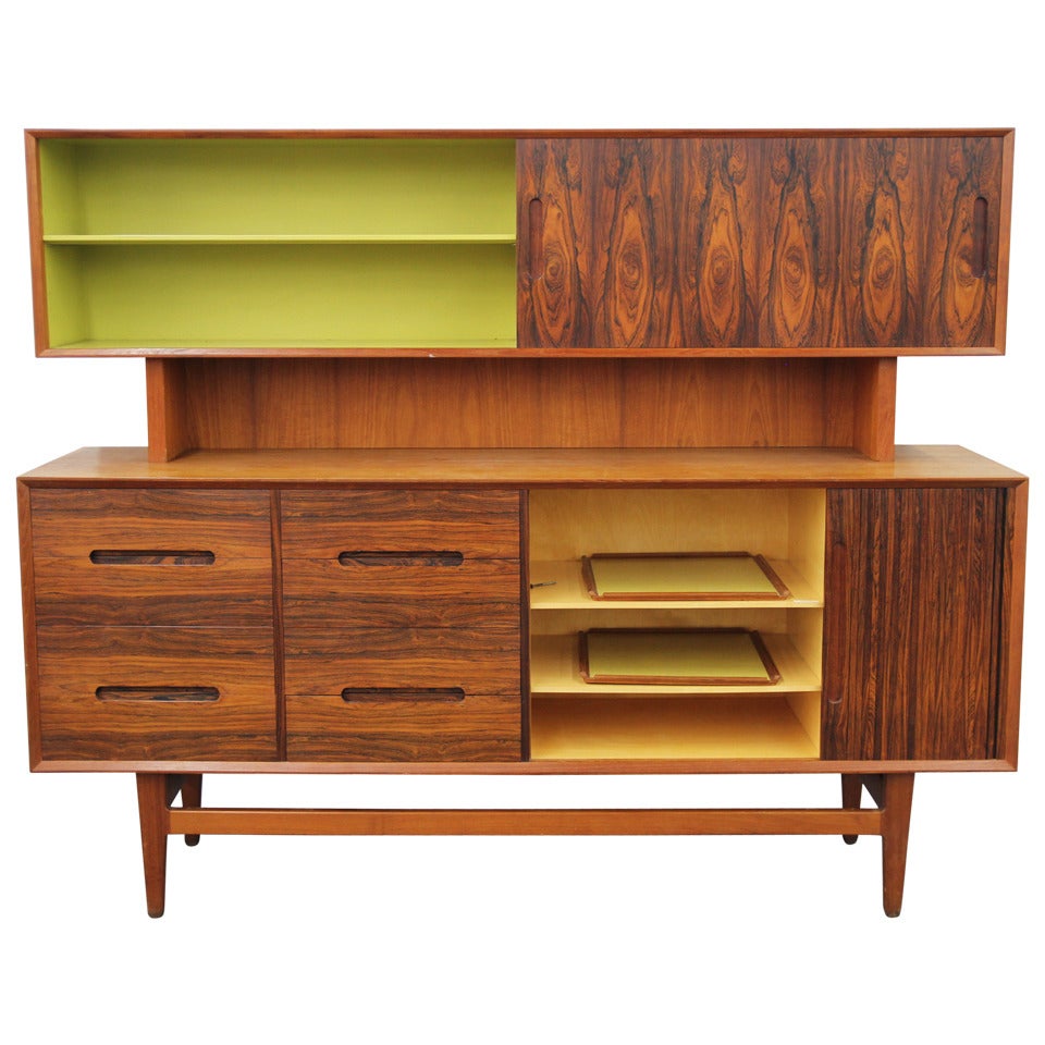 Danish Mid-Century Buffet with Hutch, Trays and Tambour Door