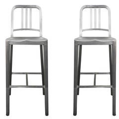 Retro Pair of Emeco NAVY Counter Stools in Brushed Aluminum