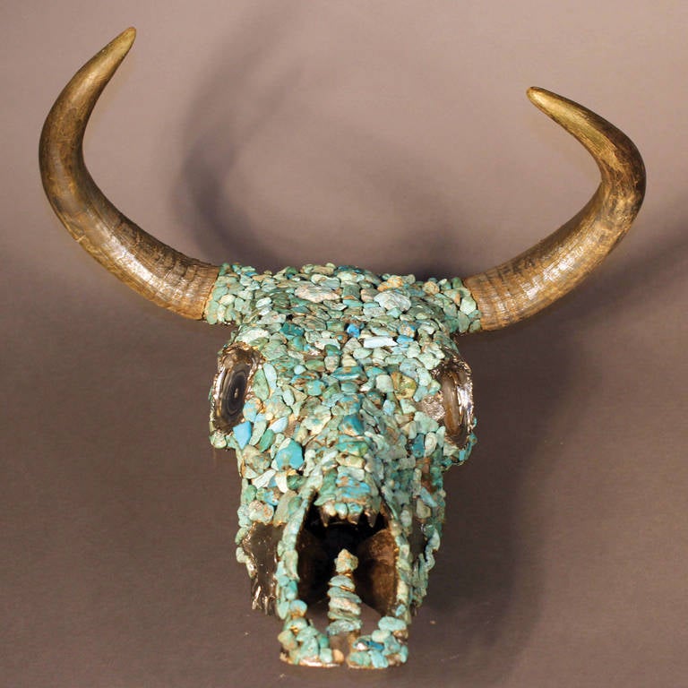 Longtime collection from many, varied mines.  Ample Quantity of turquoise nuggets on old bull skull.  Great Western design item.  

Beautiful and strong statement piece.  Perfect for Western ski house.  The wonderful collection of varied turquoise
