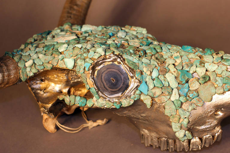 Antique Turquoise Nugget Encrusted Bull Skull In Excellent Condition In Bridport, CT