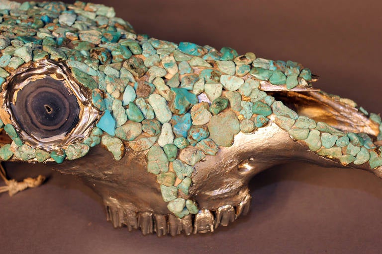 Mid-20th Century Antique Turquoise Nugget Encrusted Bull Skull