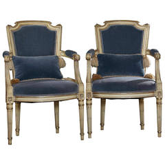 Pair of Antique French Louis XVI Style Fauteuils or Armchairs, Upholstered