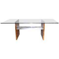 Rosewood and Chrome Base Dining Table with Glass Top in Manner of John Stuart