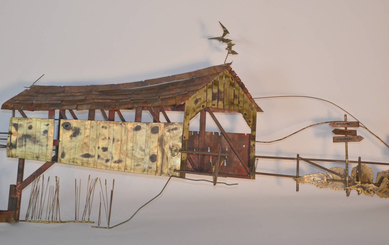 American Curtis Jere Signed Metal Wall Sculpture Barn and Boat