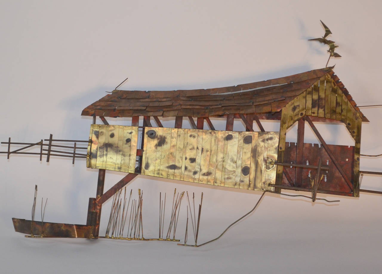 Curtis Jere Signed Metal Wall Sculpture Barn and Boat In Good Condition In Bridport, CT
