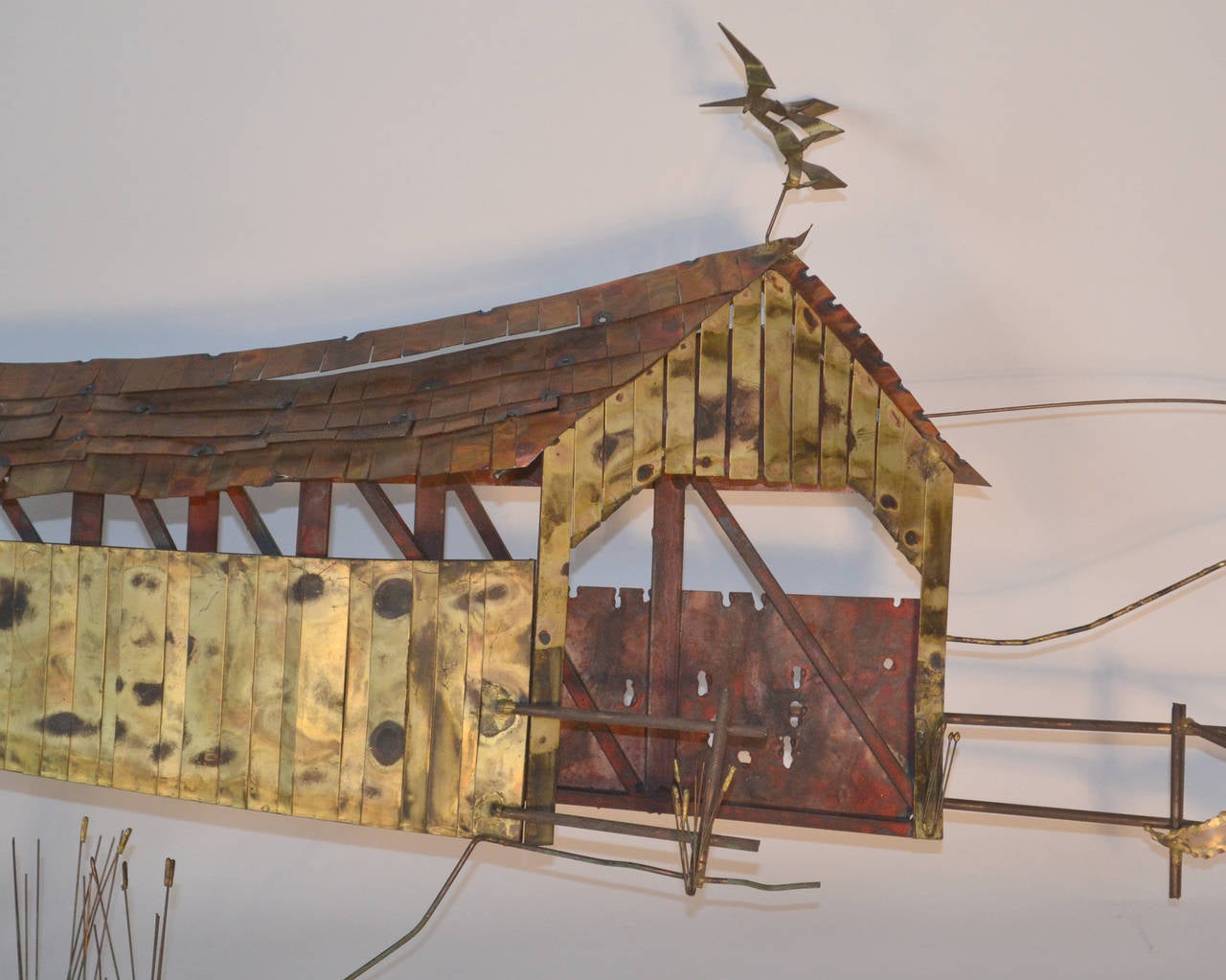 Late 20th Century Curtis Jere Signed Metal Wall Sculpture Barn and Boat
