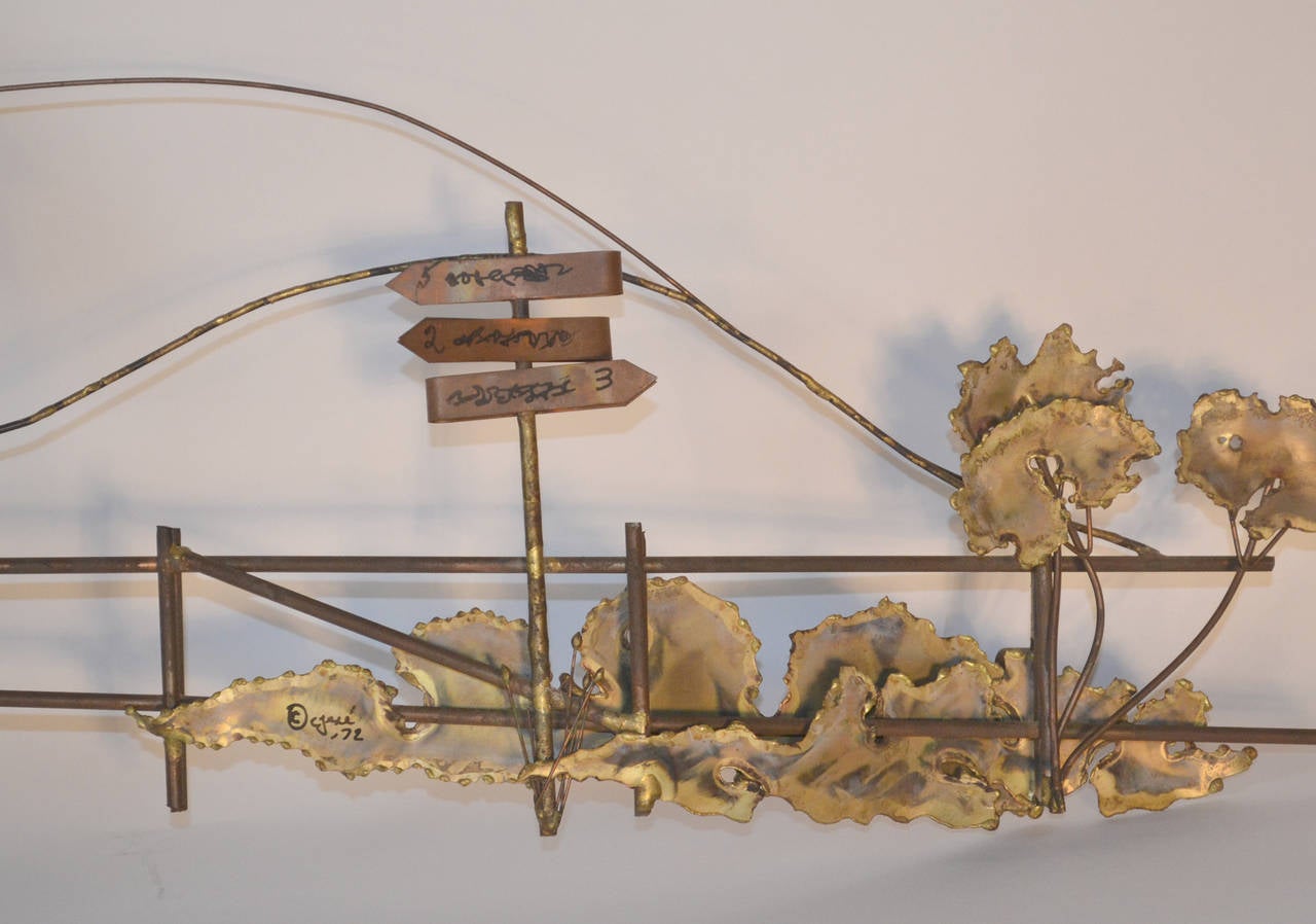 Brass Curtis Jere Signed Metal Wall Sculpture Barn and Boat