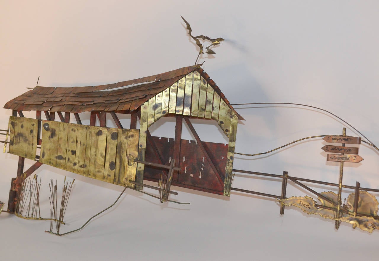 Curtis Jere Signed Metal Wall Sculpture Barn and Boat 1