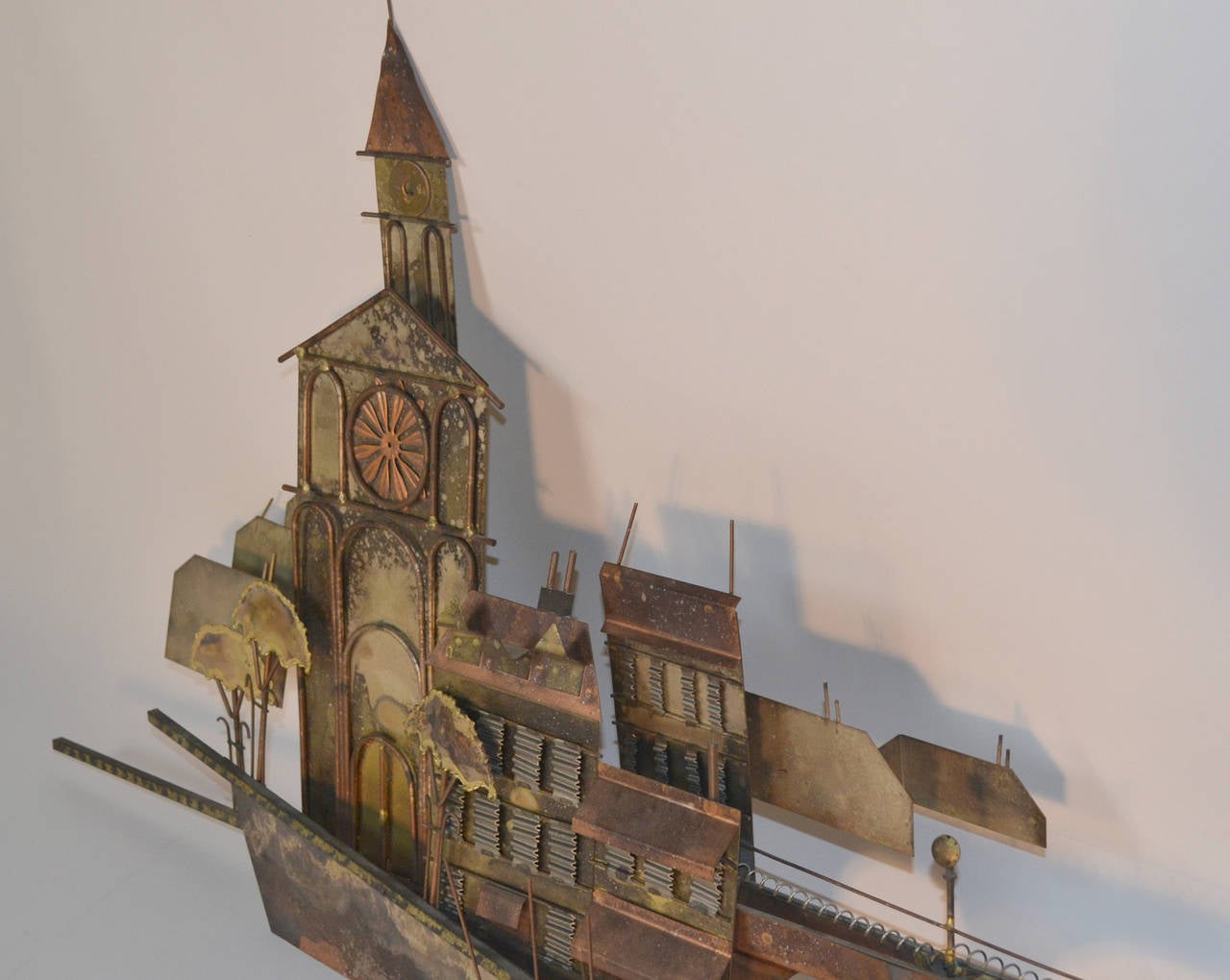 Brass Curtis Jere Signed 1972 Cityscape with Church and Bridge