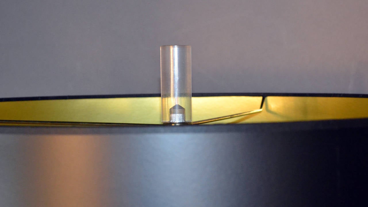 American Lucite Floor Lamp with Brass Base, Black Shade with Gold Interior
