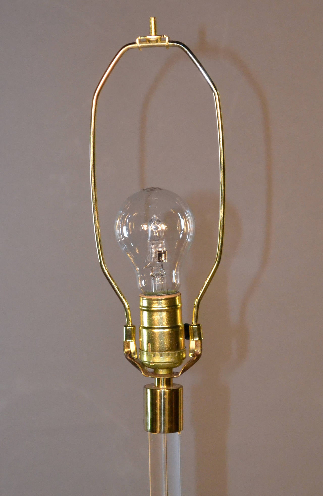 Lucite Floor Lamp with Brass Base, Black Shade with Gold Interior In Good Condition In Bridport, CT