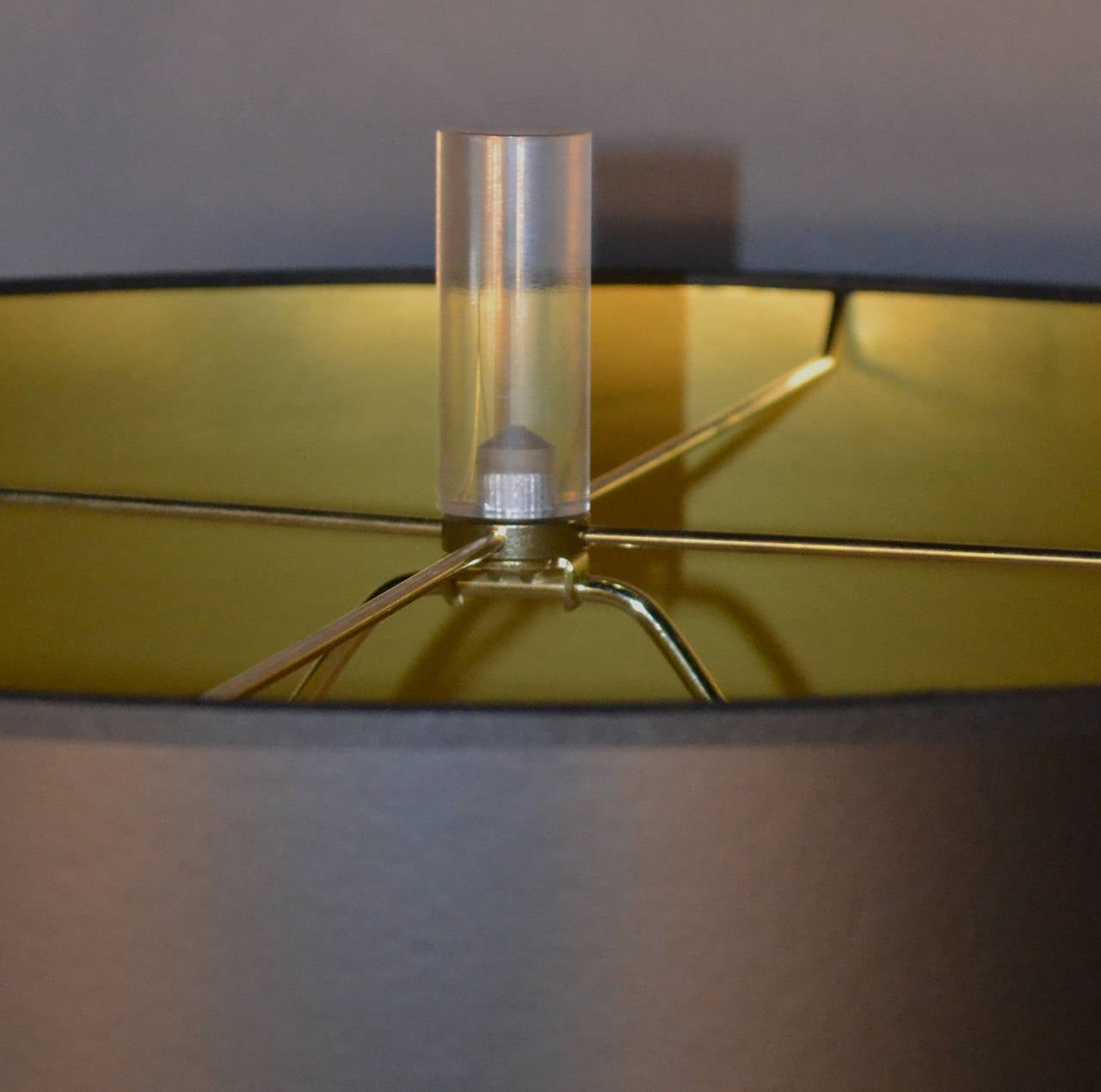 Lucite Floor Lamp with Brass Base, Black Shade with Gold Interior 1