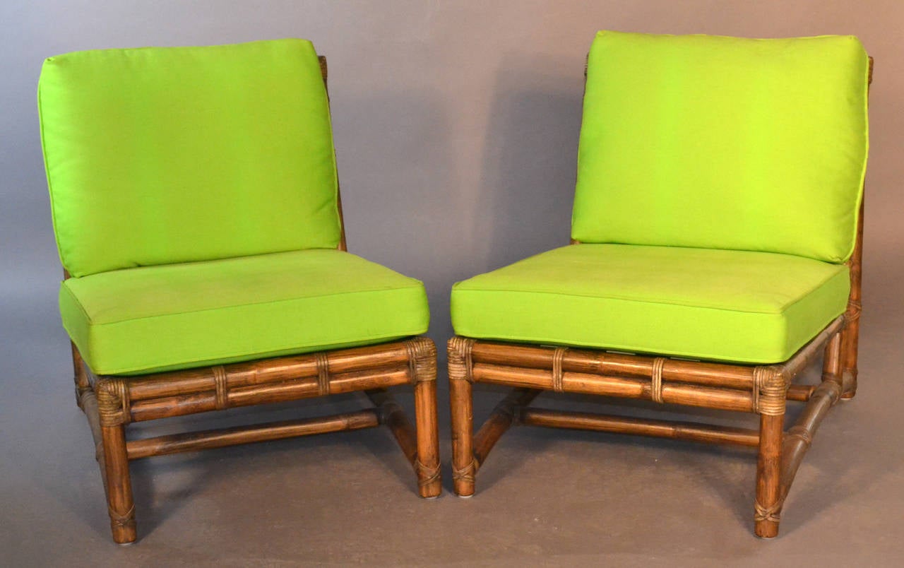 Bamboo Frame Lounge chairs / slipper chairs.  Frame and seat in excellent shape.  Cushions clean in lime green color.
