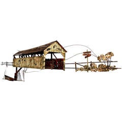 Curtis Jere Signed Metal Wall Sculpture Barn and Boat