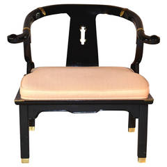 Black Lacquer and Linen Asian Style Lounge Chair in the Manner of James Mont