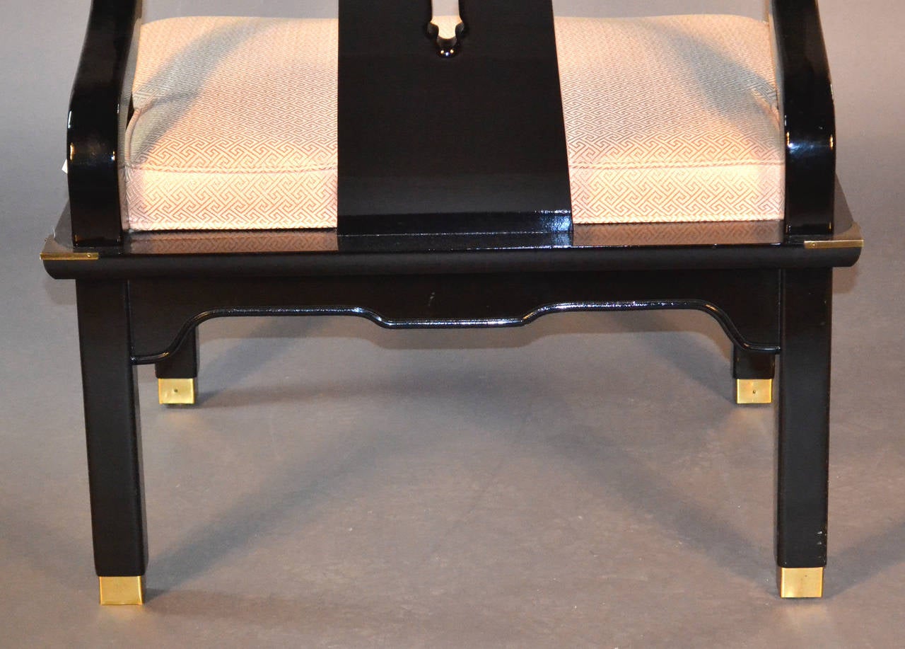 American Black Lacquer and Linen Asian Style Lounge Chair in the Manner of James Mont