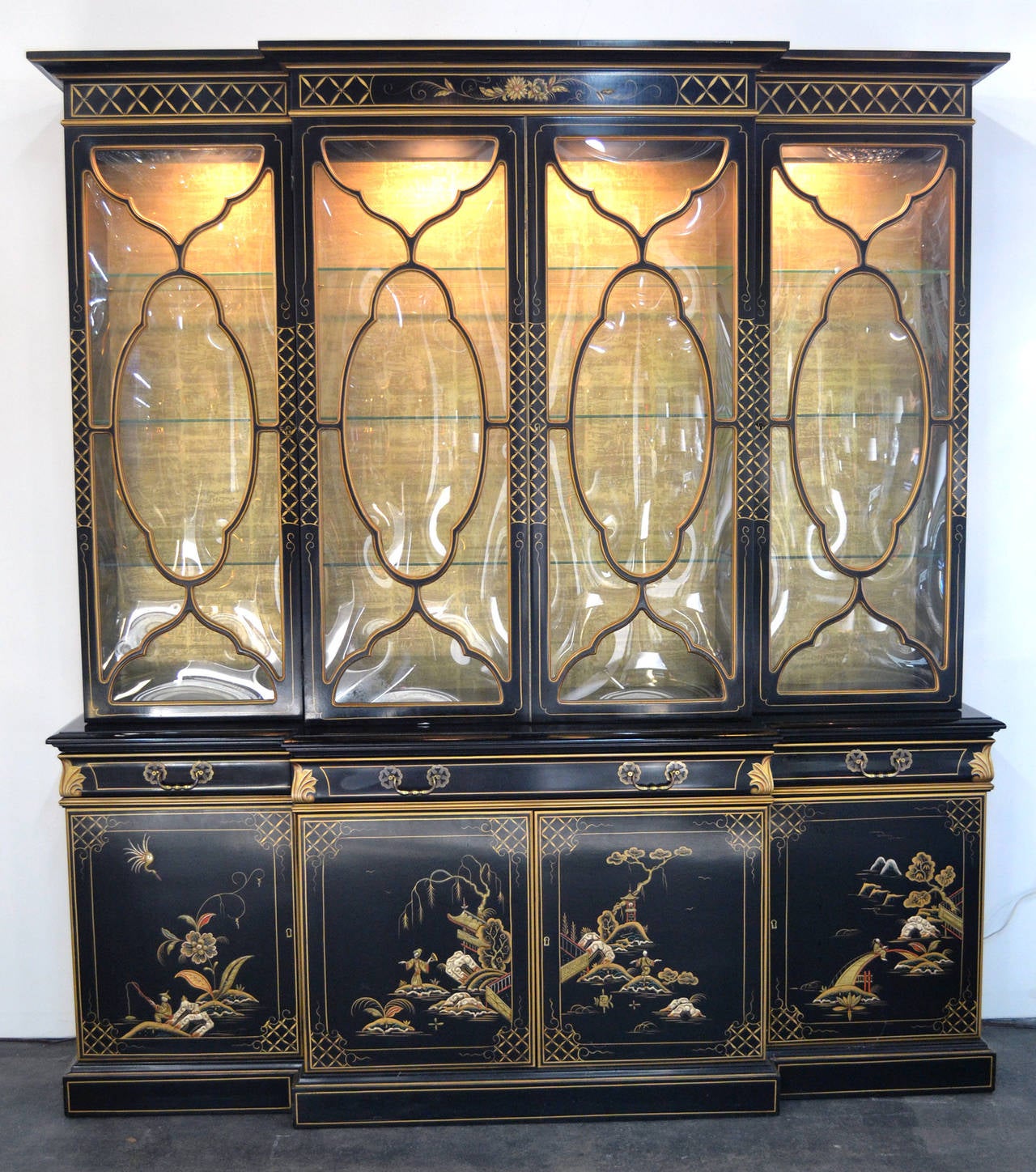 Mid-Century chinoiserie by Karges. This is really a beautiful piece once custom-made by Karges. Has pull-out leather top desk drawer. Beautiful bubble glass. Top Light for display, glass shelves for china cabinet. Drawer's aside the pull-out desk,