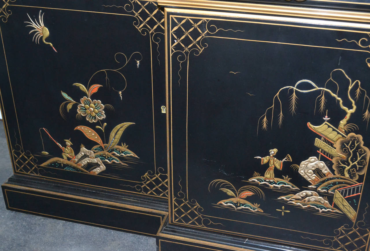 Wood Karges Chinoiserie Breakfront with Pull-Out Desk, Bubble Glass, and Light