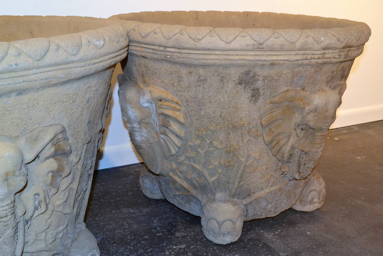Pair of Monumental Hand-Carved Elephant Planters in Cement In Good Condition In Bridport, CT