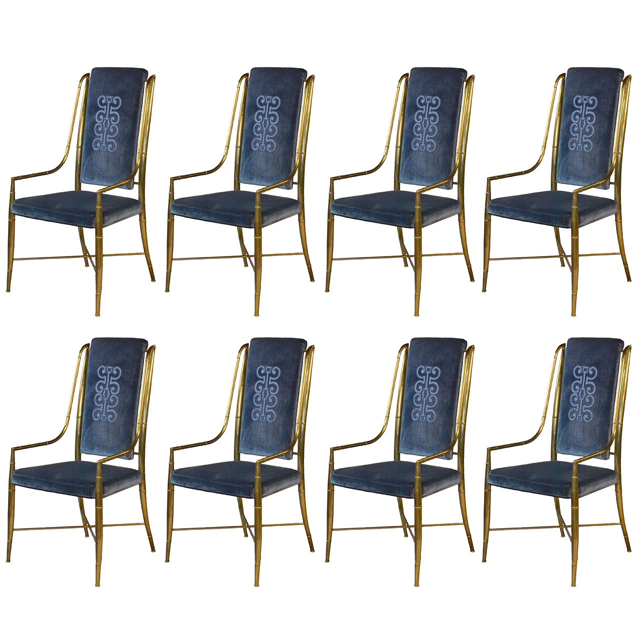 Mastercraft Brass Faux Bamboo Set of Eight Dining Chairs with Blue Velvet
