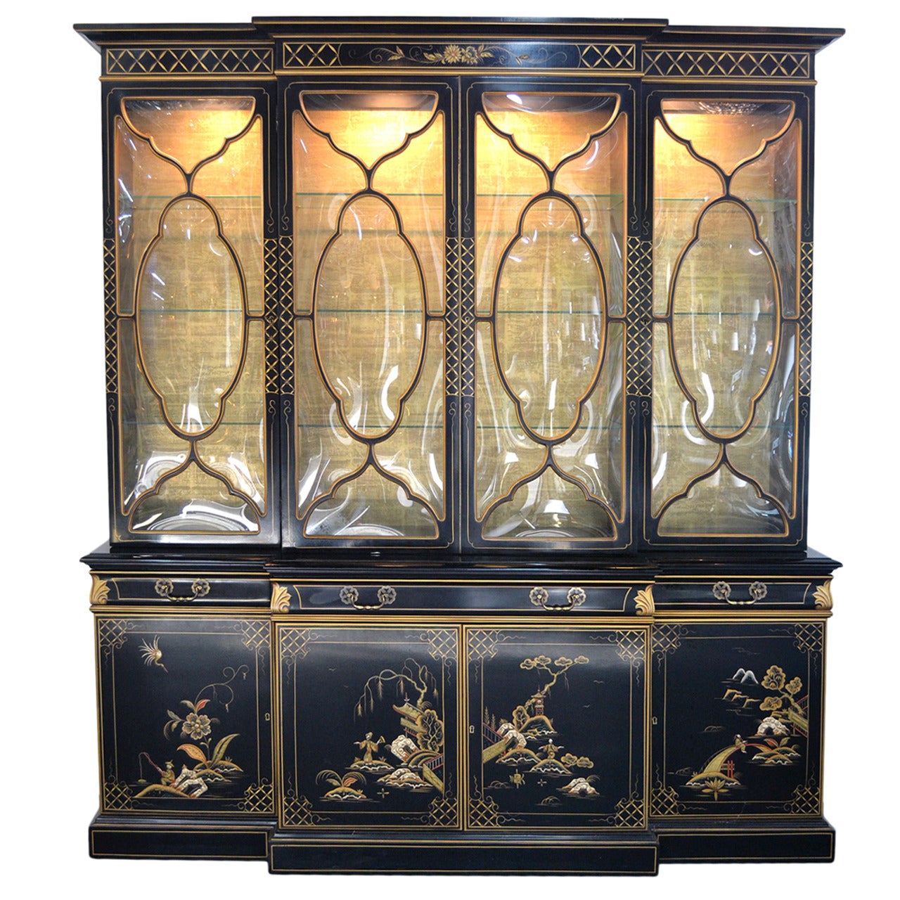 Karges Chinoiserie Breakfront with Pull-Out Desk, Bubble Glass, and Light