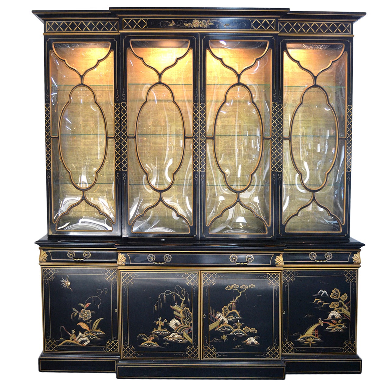 Karges Chinoiserie Breakfront with Pull-Out Desk, Bubble Glass, and Light
