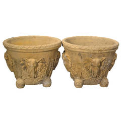 Vintage Pair of Monumental Hand-Carved Elephant Planters in Cement