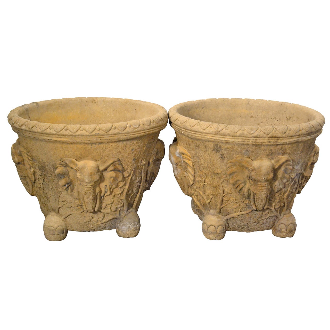 Pair of Monumental Hand-Carved Elephant Planters in Cement