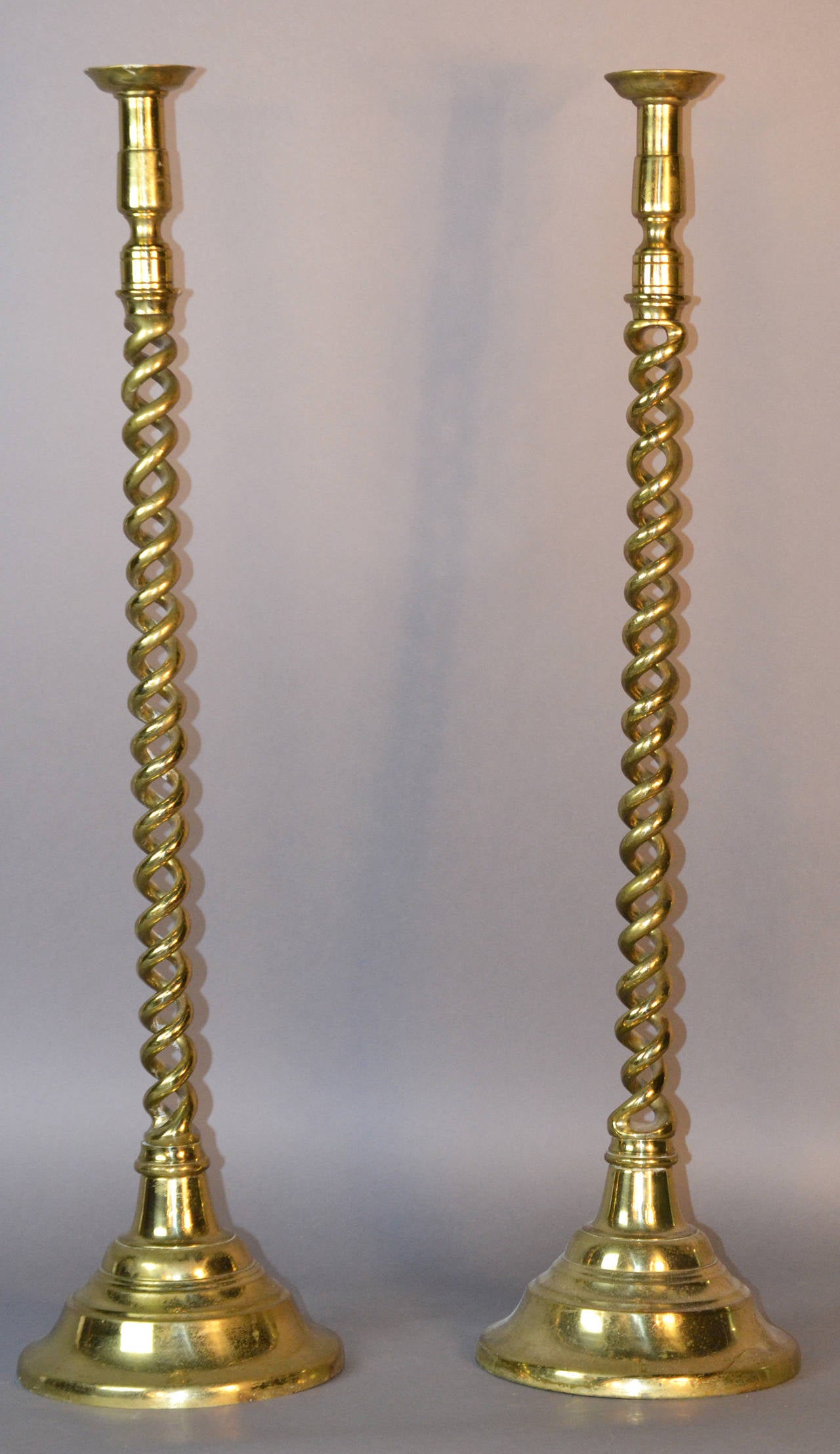 Pair of Tall English Brass Floor Candlesticks 3
