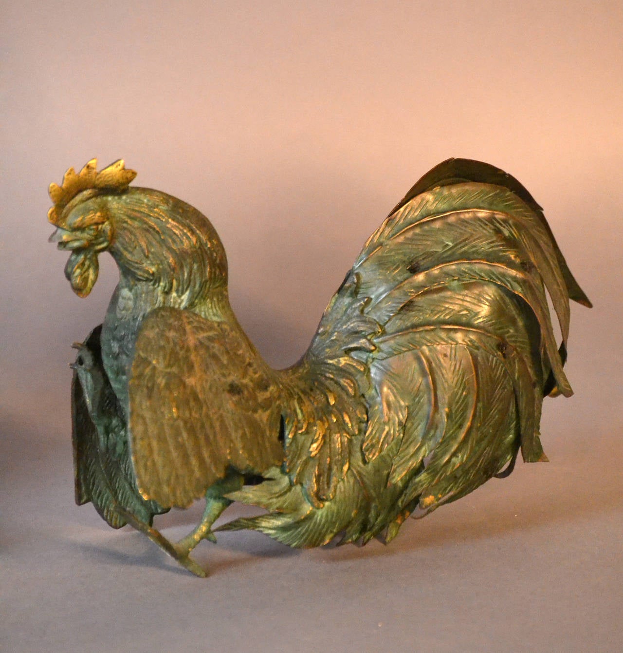 Pair of Large Brass Fighting Cock Sculptures In Good Condition In Bridport, CT