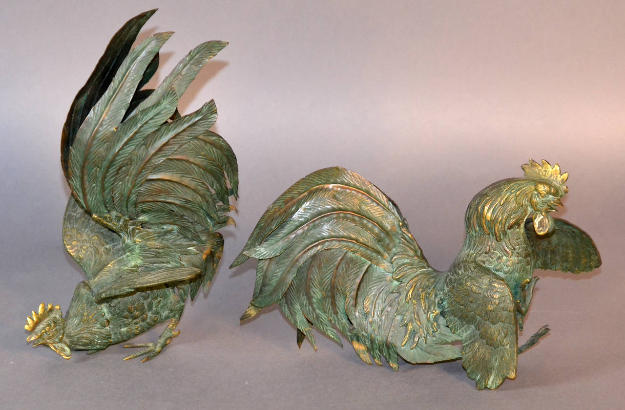 Pair of Large Brass Fighting Cock Sculptures 4