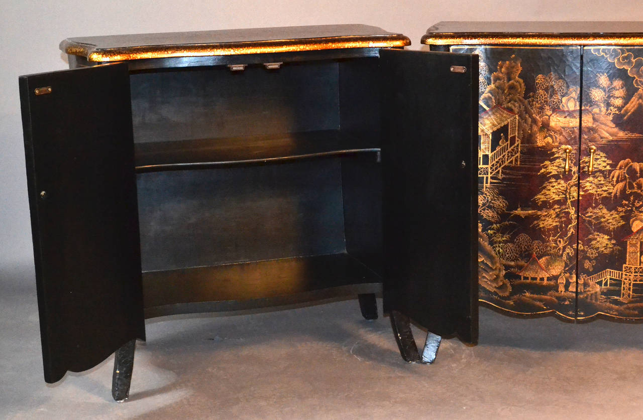 20th Century Pair of Chinoiserie Hand-Painted Demilune Commodes