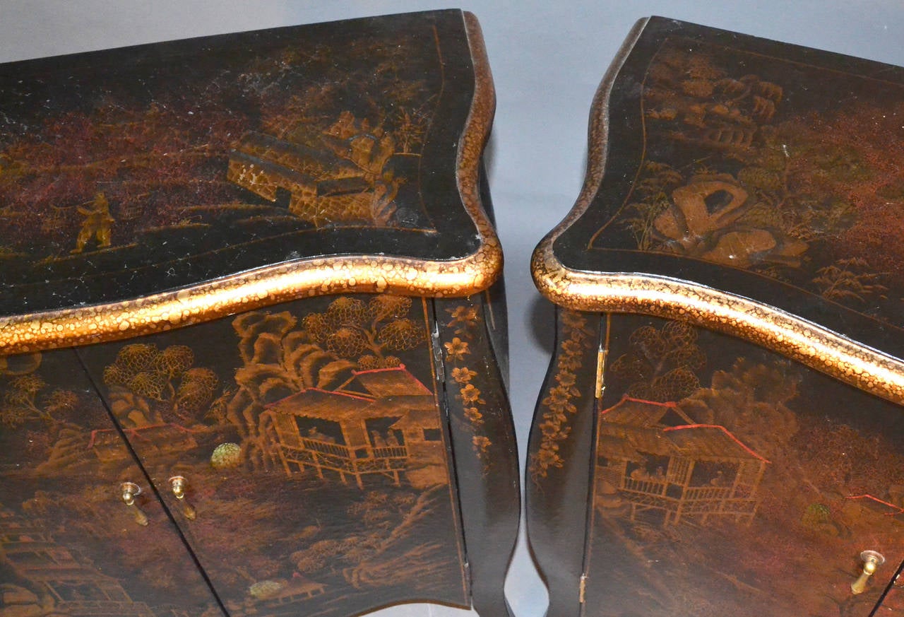 Pair of Chinoiserie Hand-Painted Demilune Commodes 1